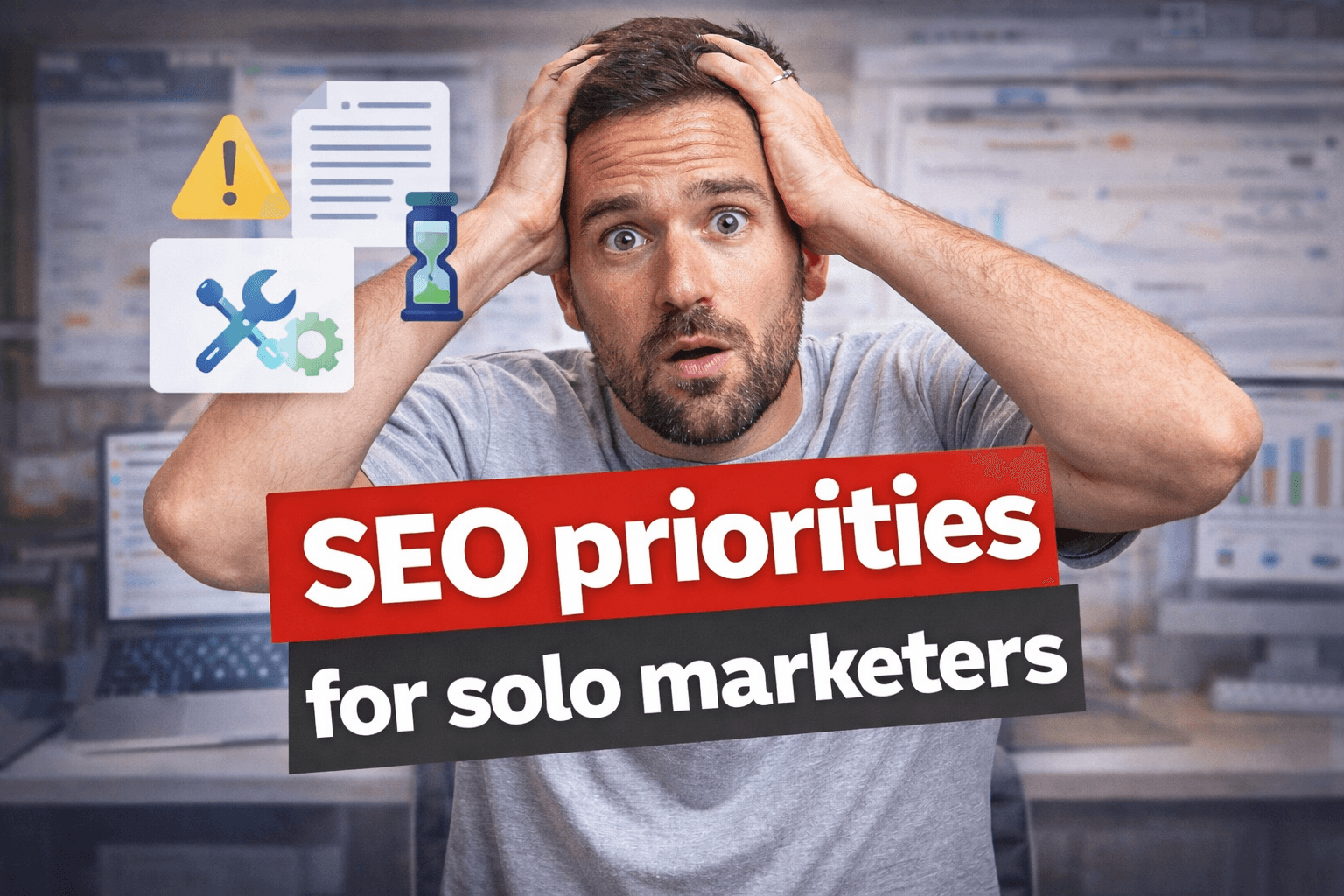 A solo marketer reviewing many SEO tasks and choosing a prioritized list of high-impact fixes.